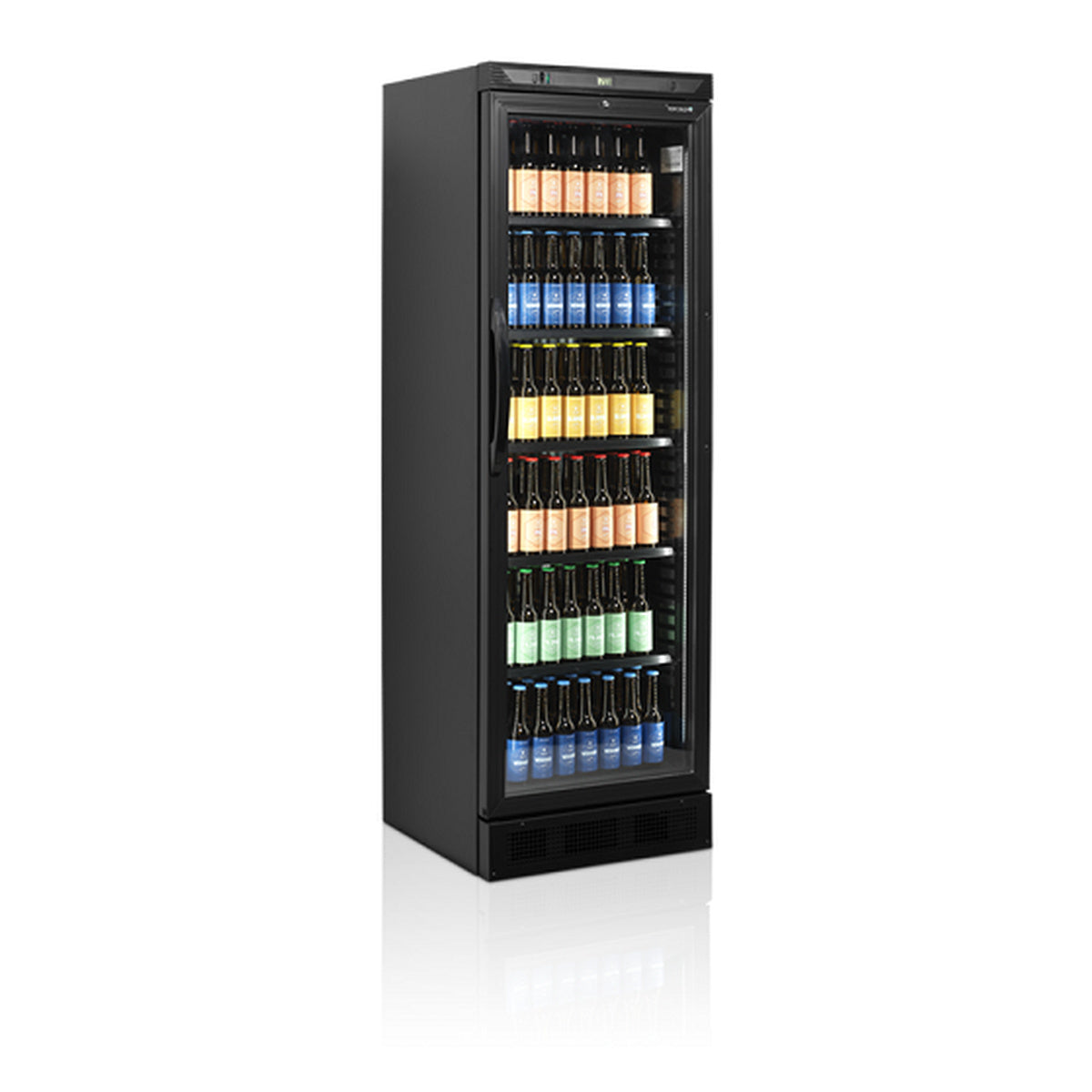 Svart flaskekjøler Tefcold CEV425 BLACK – vifteassistert kjøling, LED-belysning, justerbare hyller