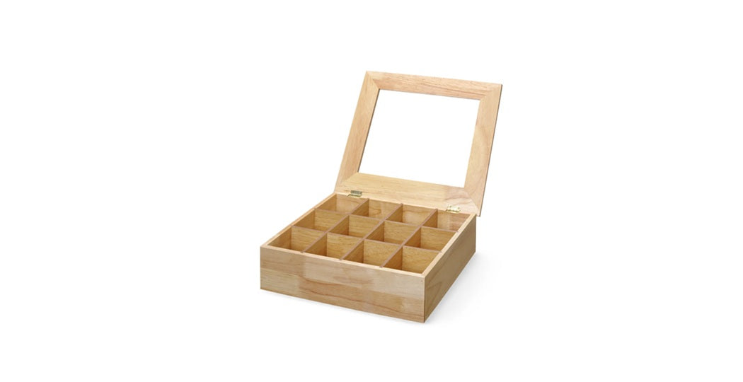 Boks for teposer i tre med 12 rom for å oppbevare 12 poser i hver 300x280x(H)90mm