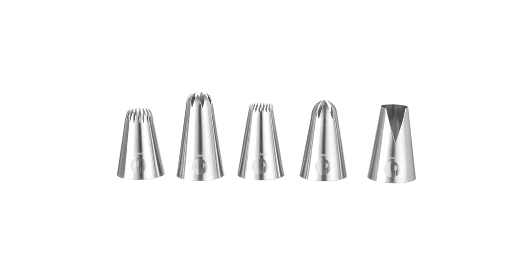 Sett med 5 glasur sprøytetipper – presis dekorasjon for profesjonelle konditorer eller ivrige hjemmekokker