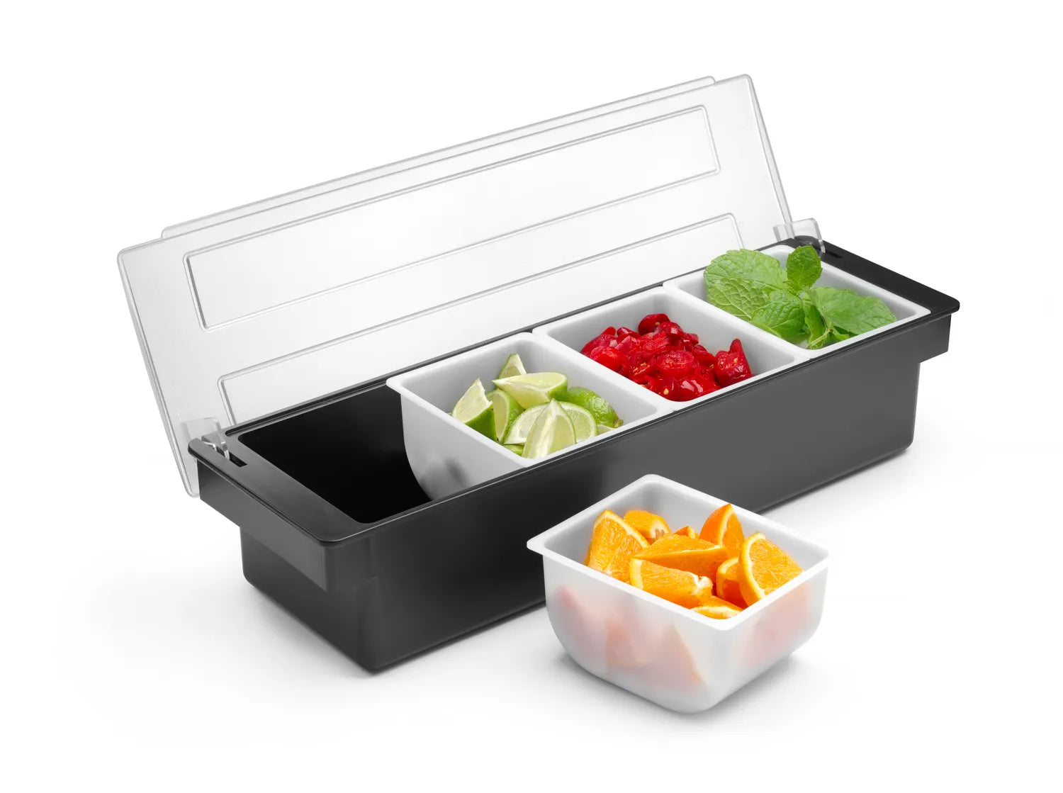 Praktisk garnityrbeholder for bar og servering for oppbevaring av frukt eller krydder