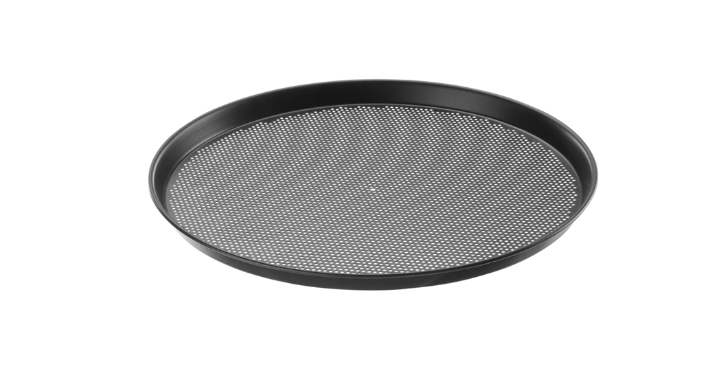 Perforert pizzapanne i karbonstål - med mål fra ø270 mm til ø411 mm