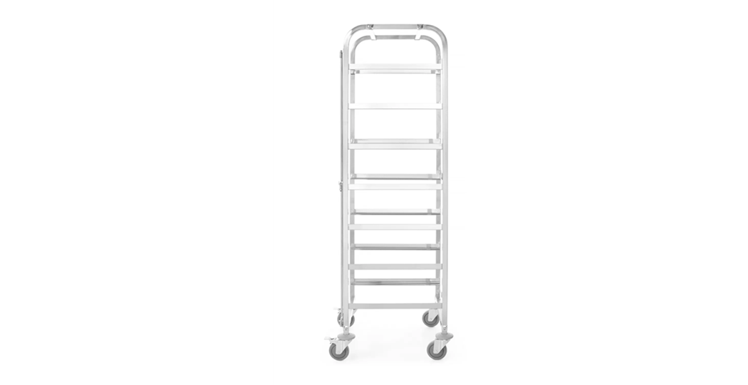 Tralle / vogn for 7 stk oppvaskmaskinkurver (50x50cm) med kurvstopper begge sider