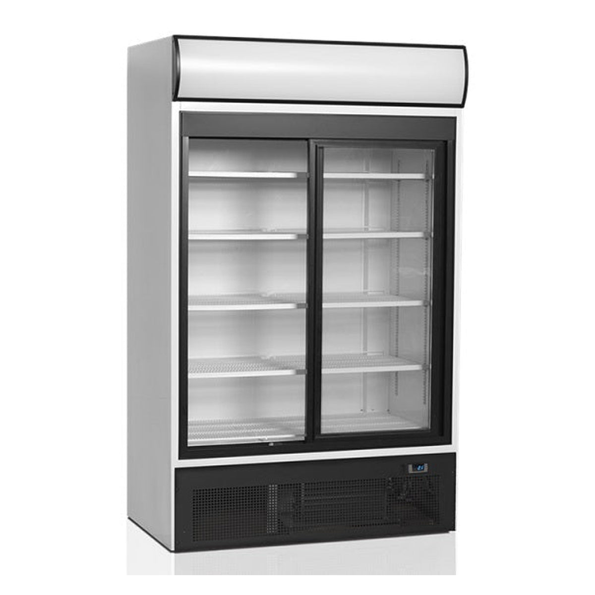 Displaykjøleskap Tefcold FSC1200S – med 2 dører og lystopp, ventilert kjøling, skyvedører i glass