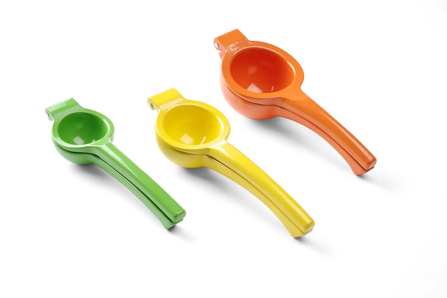 Sitruspresse / juicer i aluminium med fargekoder for sitron, lime og appelsin