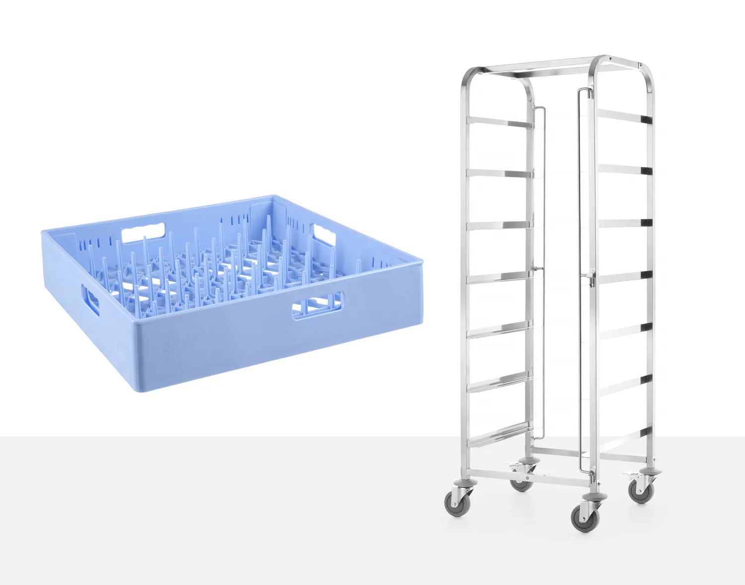 Tralle / vogn for 7 stk oppvaskmaskinkurver (50x50cm) med kurvstopper begge sider