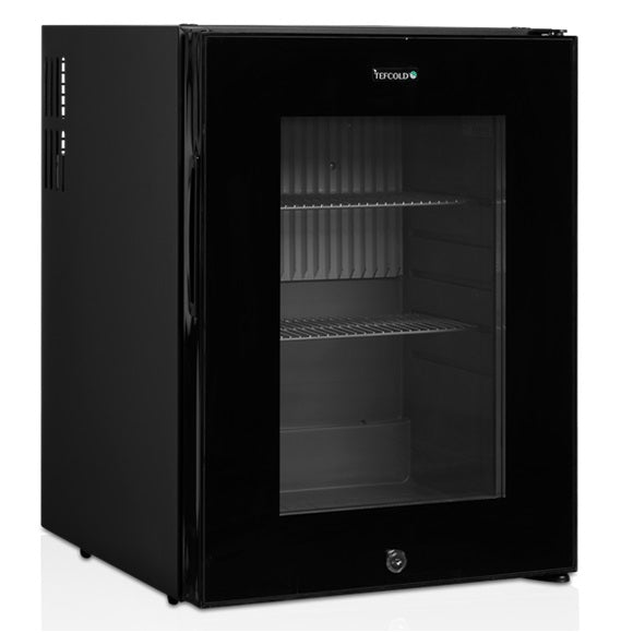 Tefcold Minibar TM44G sort med glassdør, lås og LED lys